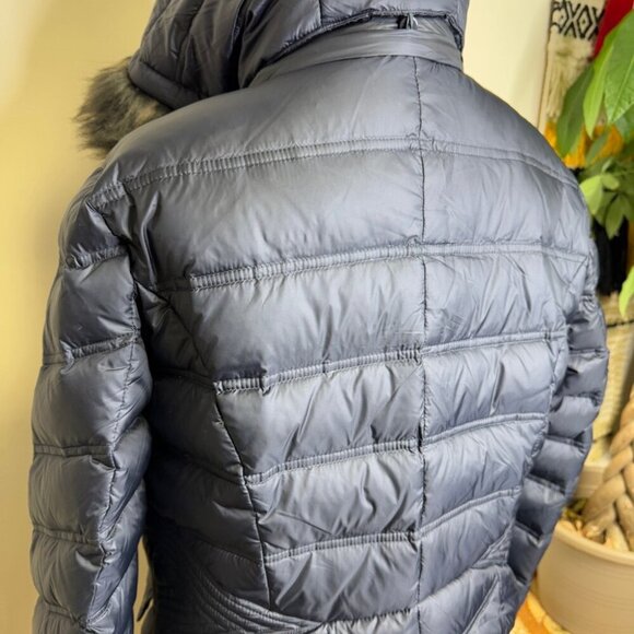 Cleo Navy Blue Long Feather Down Puffer Coat with Faux Fur Hood - Picture 6 of 15